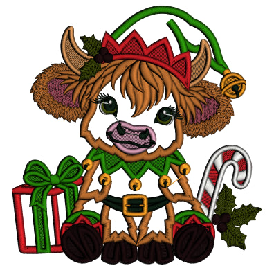 Highland Cow Christmas Machine Embroidery Design With Present and Candy Cane - Applique