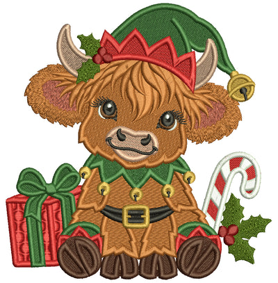 Highland Cow Christmas Machine Embroidery Design With Present and Candy Cane - Filled