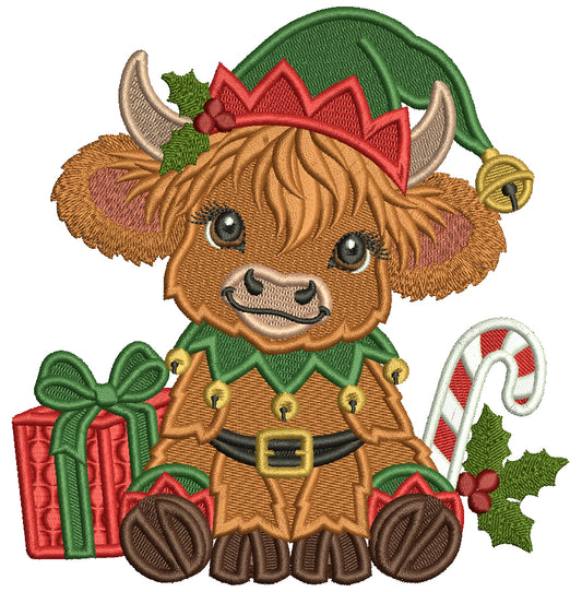Highland Cow Christmas Machine Embroidery Design With Present and Candy Cane - Filled