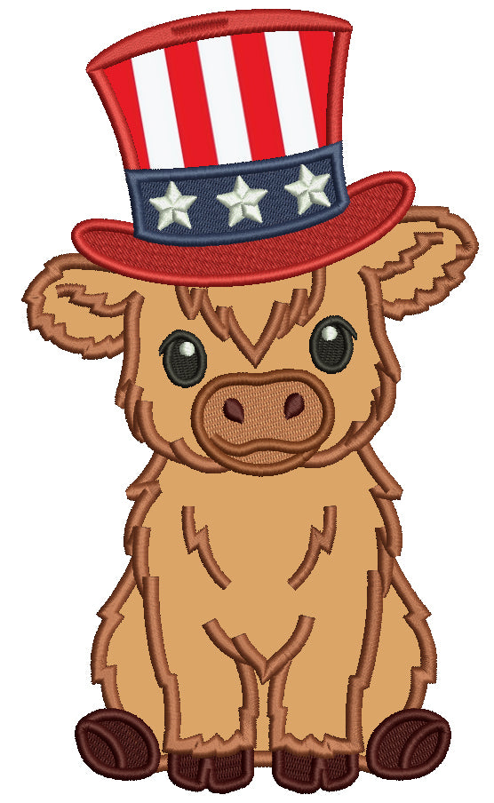 Highland Cow Wearing American Hat Patriotic 4th Of July Independence Day Applique Machine Embroidery Design Digitized Pattern