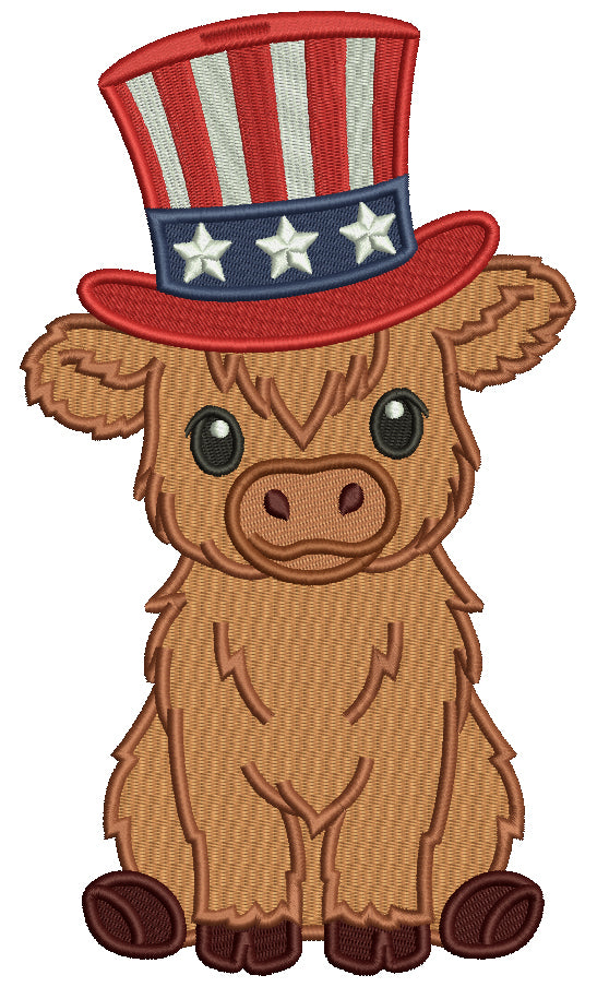 Highland Cow Wearing American Hat Patriotic 4th Of July Independence Day Filled Machine Embroidery Design Digitized Pattern
