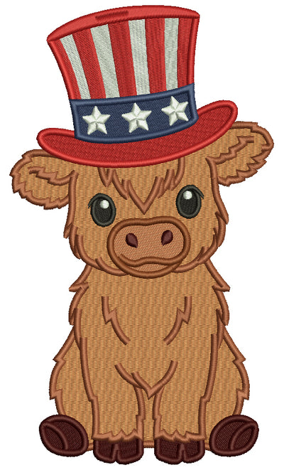 Highland Cow Wearing American Hat Patriotic 4th Of July Independence Day Filled Machine Embroidery Design Digitized Pattern