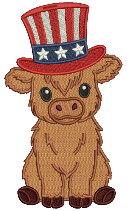 Highland Cow Wearing American Hat Patriotic 4th Of July Independence Day Filled Machine Embroidery Design Digitized Pattern