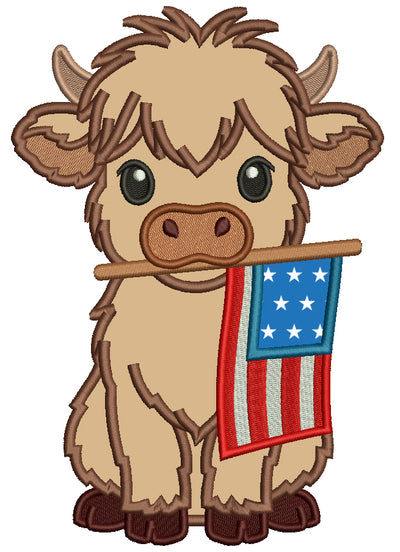 Highland Cow With American Flag Patriotic 4th Of July Independence Day Applique Machine Embroidery Design Digitized Pattern