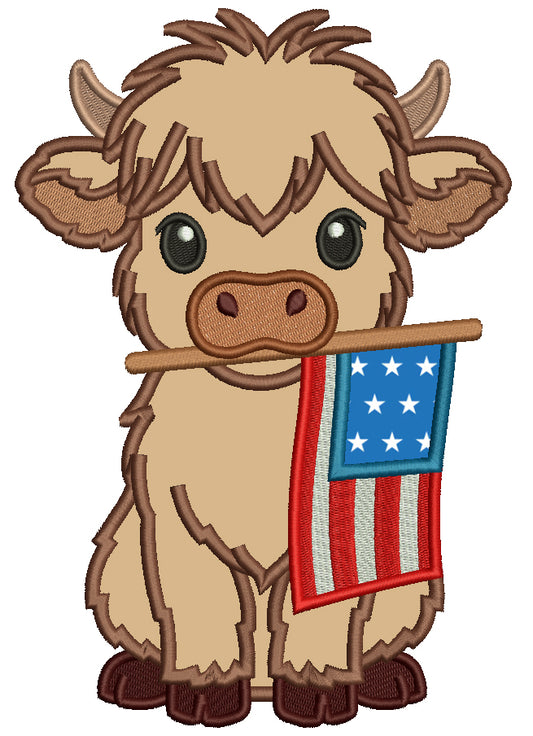 Highland Cow With American Flag Patriotic 4th Of July Independence Day Applique Machine Embroidery Design Digitized Pattern