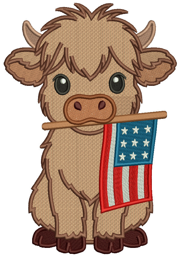 Highland Cow With American Flag Patriotic 4th Of July Independence Day Filled Machine Embroidery Design Digitized Pattern