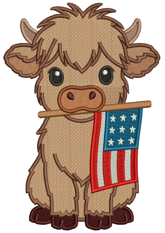 Highland Cow With American Flag Patriotic 4th Of July Independence Day Filled Machine Embroidery Design Digitized Pattern
