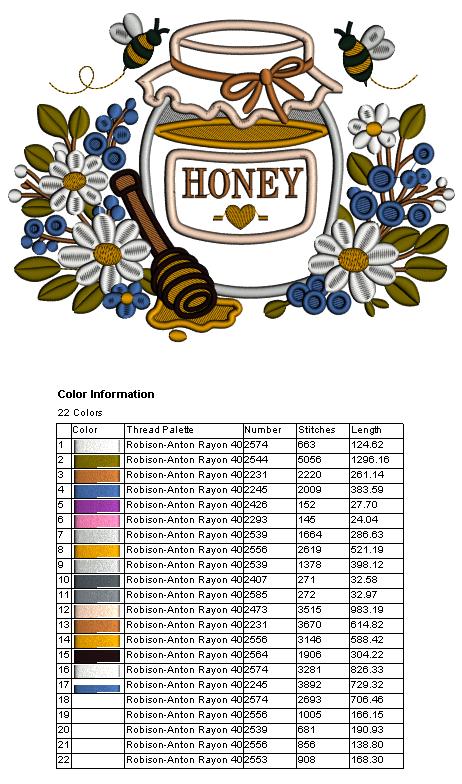 Honey in a Mason Jar Applique Machine Embroidery Design Digitized Pattern