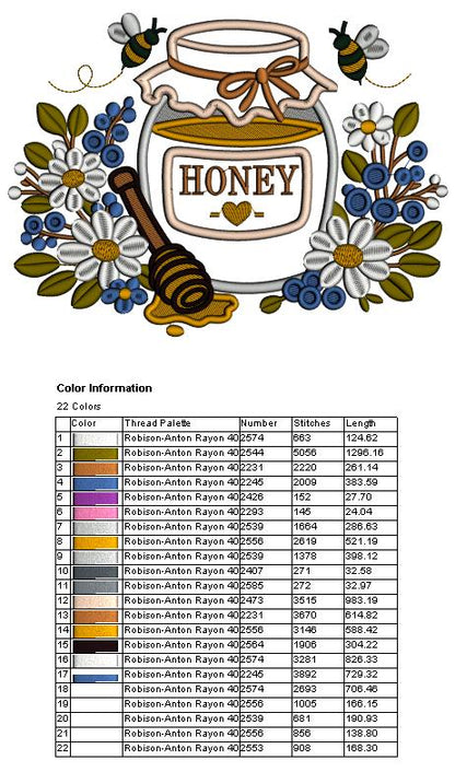 Honey in a Mason Jar Applique Machine Embroidery Design Digitized Pattern