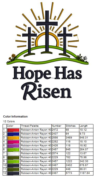 Hope Has Risen Sun and Crosses Easter Applique Machine Embroidery Design Digitized Pattern