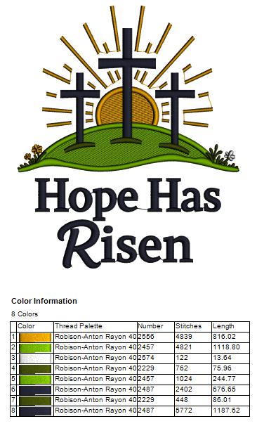 Hope Has Risen Sun and Crosses Easter Filled Machine Embroidery Design Digitized Pattern