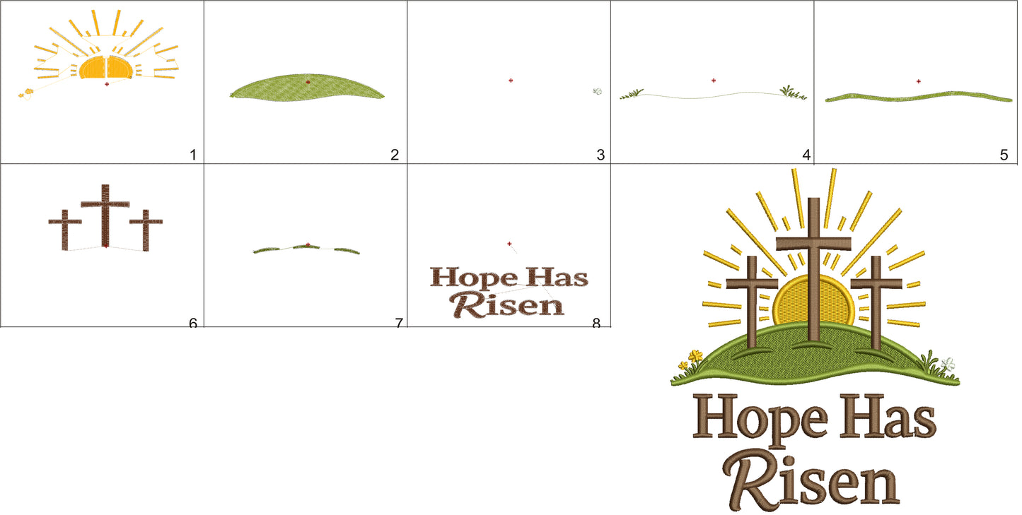 Hope Has Risen Sun and Crosses Easter Filled Machine Embroidery Design Digitized Pattern