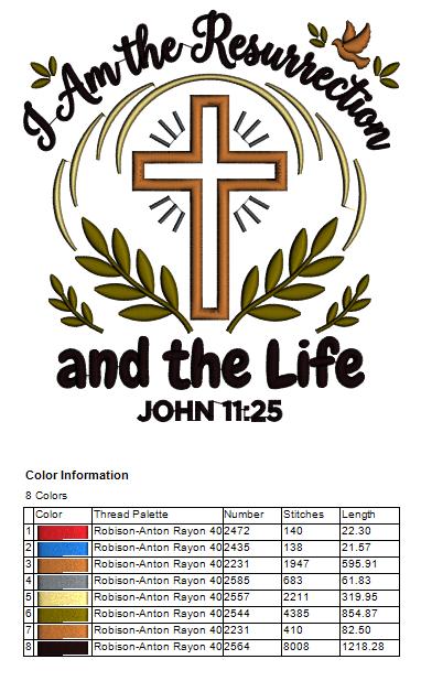 I Am the Resurrection and the Life John 11:25 Bible Verse Religious Applique Machine Embroidery Design Digitized Pattern