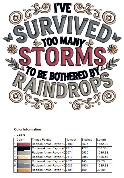 I've Survived Too Many Storms to Be Bothered by Raindrops Saying Filled Machine Embroidery Design Digitized Pattern