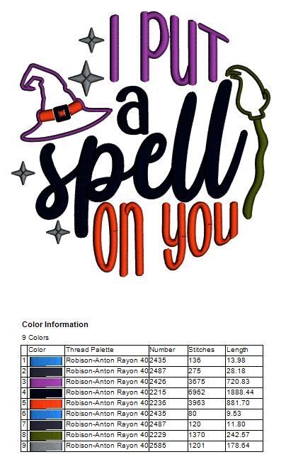 I Put a Spell On You Witch Hat Halloween Applique Machine Embroidery Design