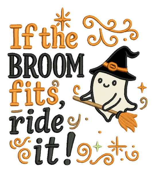 Ghost Witch on a Broom Halloween Machine Embroidery Design - Applique