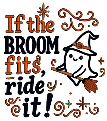 Ghost Witch on a Broom Halloween Machine Embroidery Design - Applique
