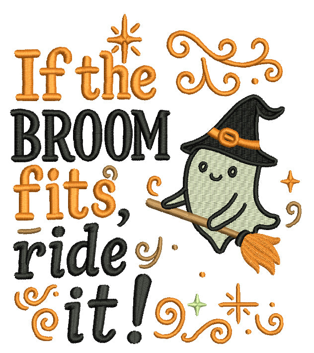 Ghost Witch on a Broom Halloween Machine Embroidery Design - FIlled