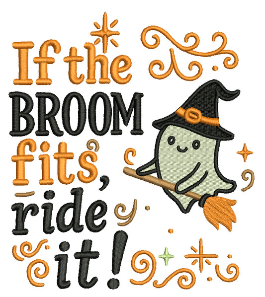 Ghost Witch on a Broom Halloween Machine Embroidery Design - FIlled
