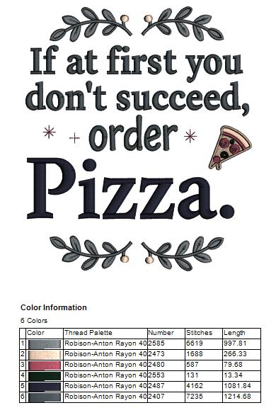 🍕😏 If at First You Don't Succeed, Order Pizza Saying Filled Machine Embroidery Design Digitized Pattern