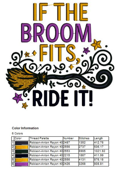 Witch's Broom Halloween Machine Embroidery Design. If The Broom Fits Ride It - Filled Pattern