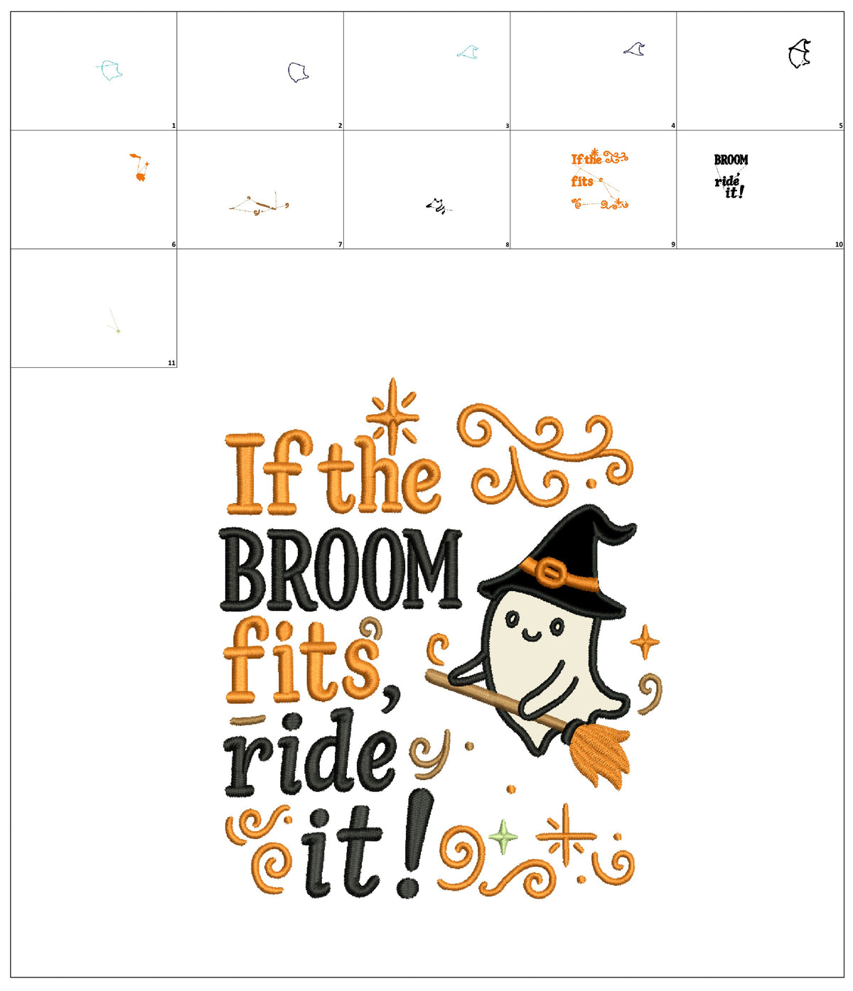 Ghost Witch on a Broom Halloween Machine Embroidery Design - Applique