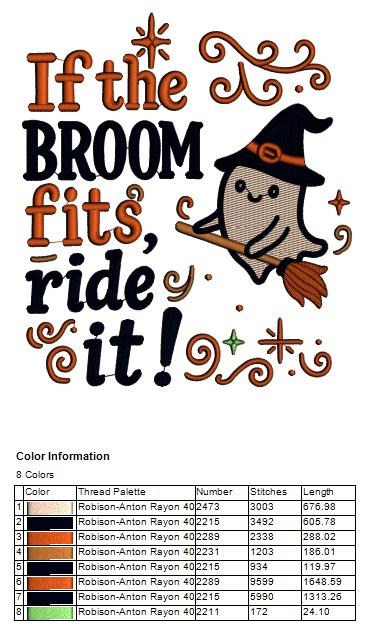 Ghost Witch on a Broom Halloween Machine Embroidery Design - FIlled