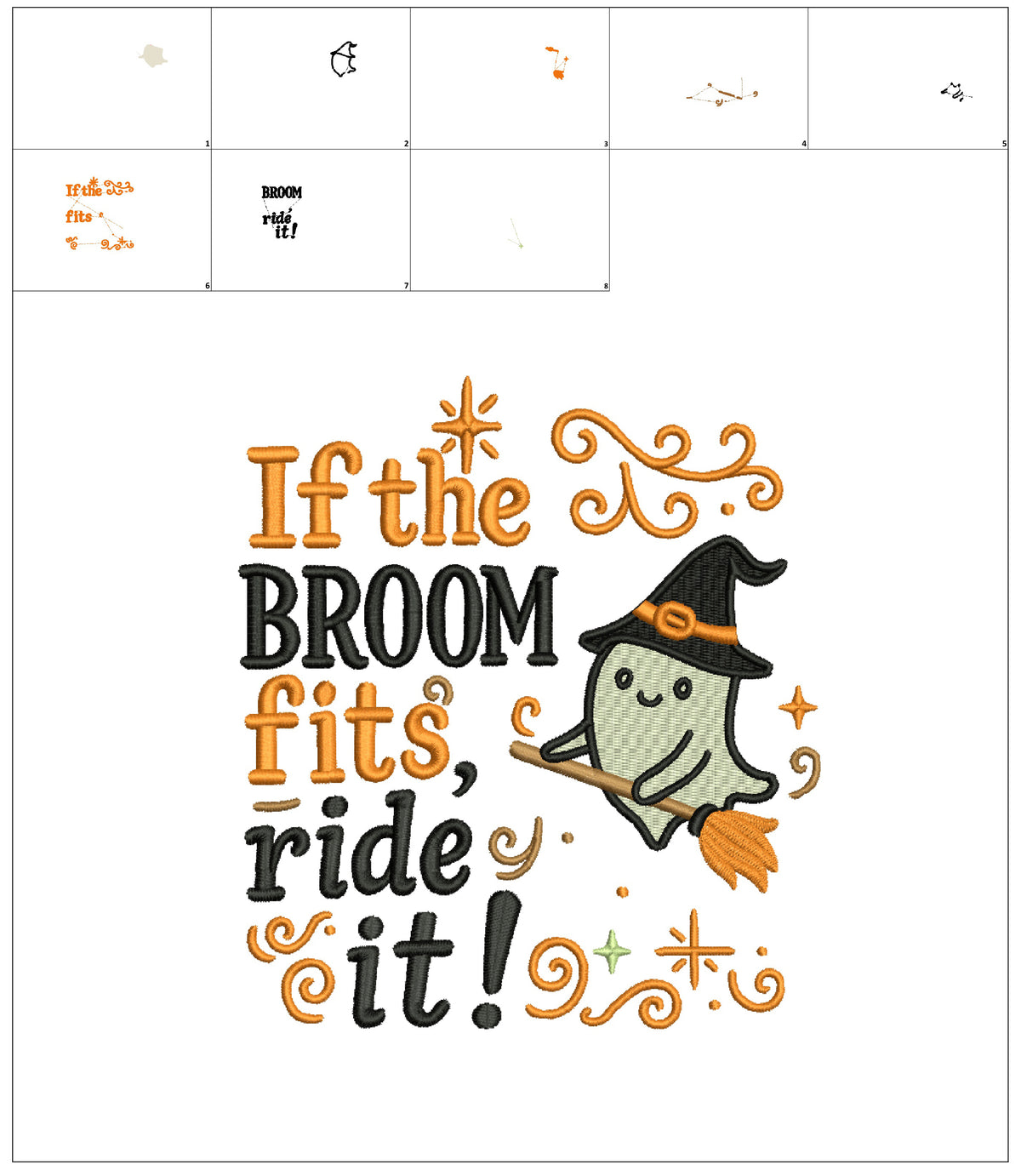 Ghost Witch on a Broom Halloween Machine Embroidery Design - FIlled
