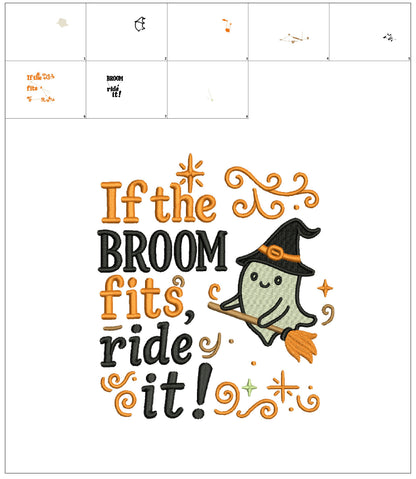 Ghost Witch on a Broom Halloween Machine Embroidery Design - FIlled