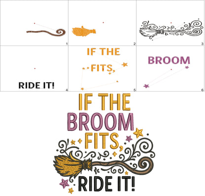 Witch's Broom Halloween Machine Embroidery Design. If The Broom Fits Ride It - Filled Pattern