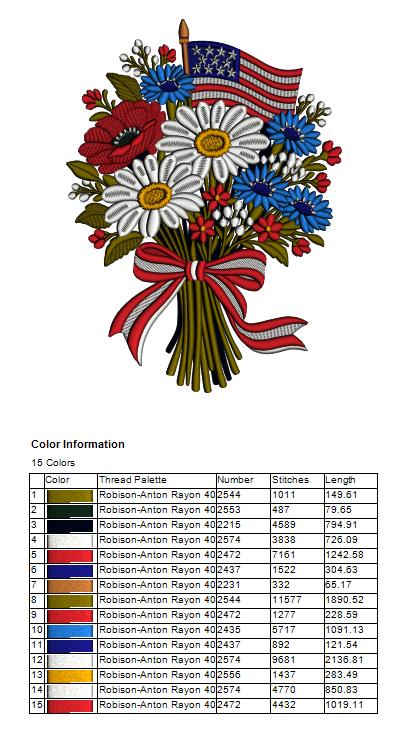 Flowers with American Flag and Bow Patriotic Filled Machine Embroidery Design Digitized Pattern