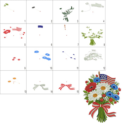 Flowers with American Flag and Bow Patriotic Filled Machine Embroidery Design Digitized Pattern
