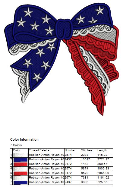 USA American Flag with a Bow Patriotic 4th of July Independence Day Filled Machine Embroidery Design Digitized Pattern