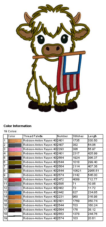 Highland Cow With American Flag Patriotic 4th Of July Independence Day Applique Machine Embroidery Design Digitized Pattern