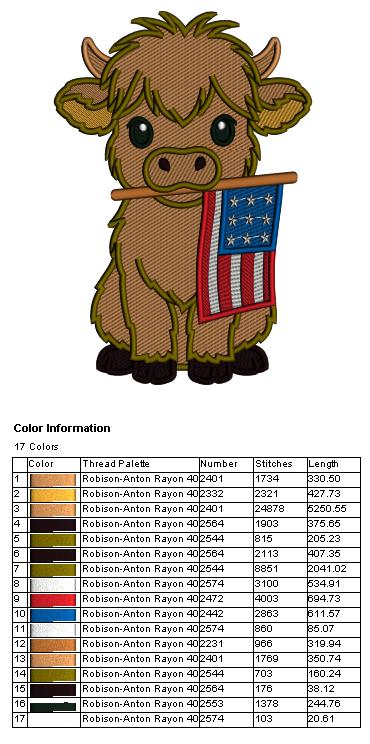 Highland Cow With American Flag Patriotic 4th Of July Independence Day Filled Machine Embroidery Design Digitized Pattern