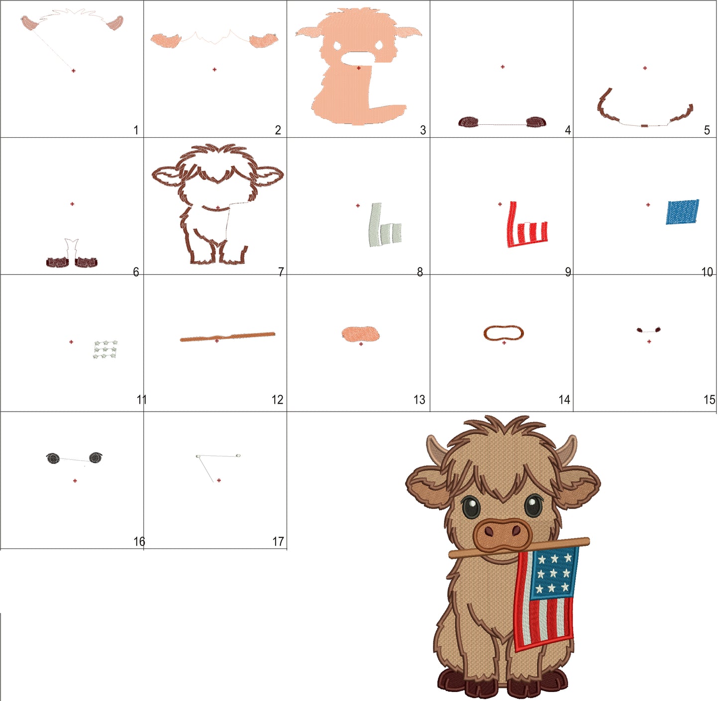 Highland Cow With American Flag Patriotic 4th Of July Independence Day Filled Machine Embroidery Design Digitized Pattern
