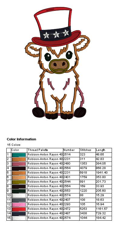 Highland Cow Wearing American Hat Patriotic 4th Of July Independence Day Applique Machine Embroidery Design Digitized Pattern