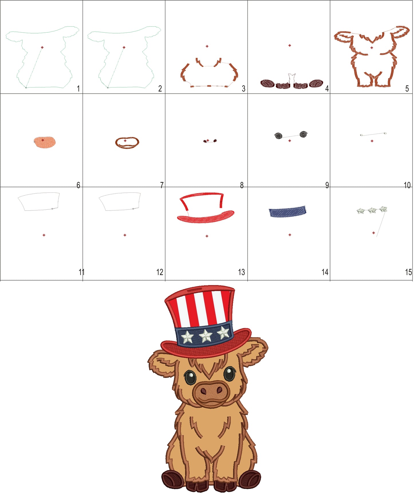 Highland Cow Wearing American Hat Patriotic 4th Of July Independence Day Applique Machine Embroidery Design Digitized Pattern