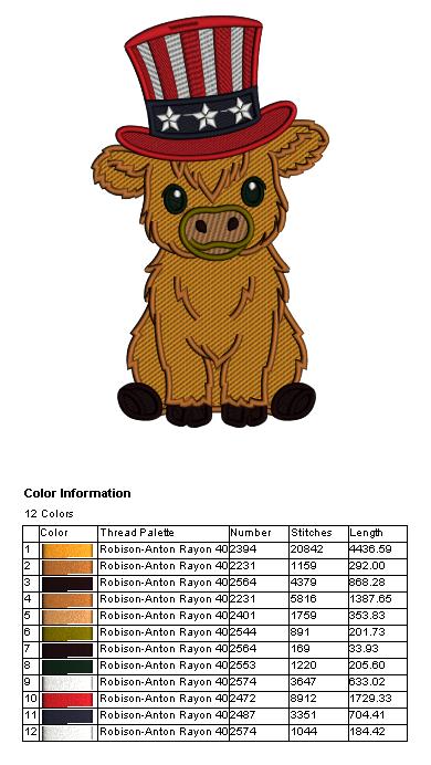 Highland Cow Wearing American Hat Patriotic 4th Of July Independence Day Filled Machine Embroidery Design Digitized Pattern