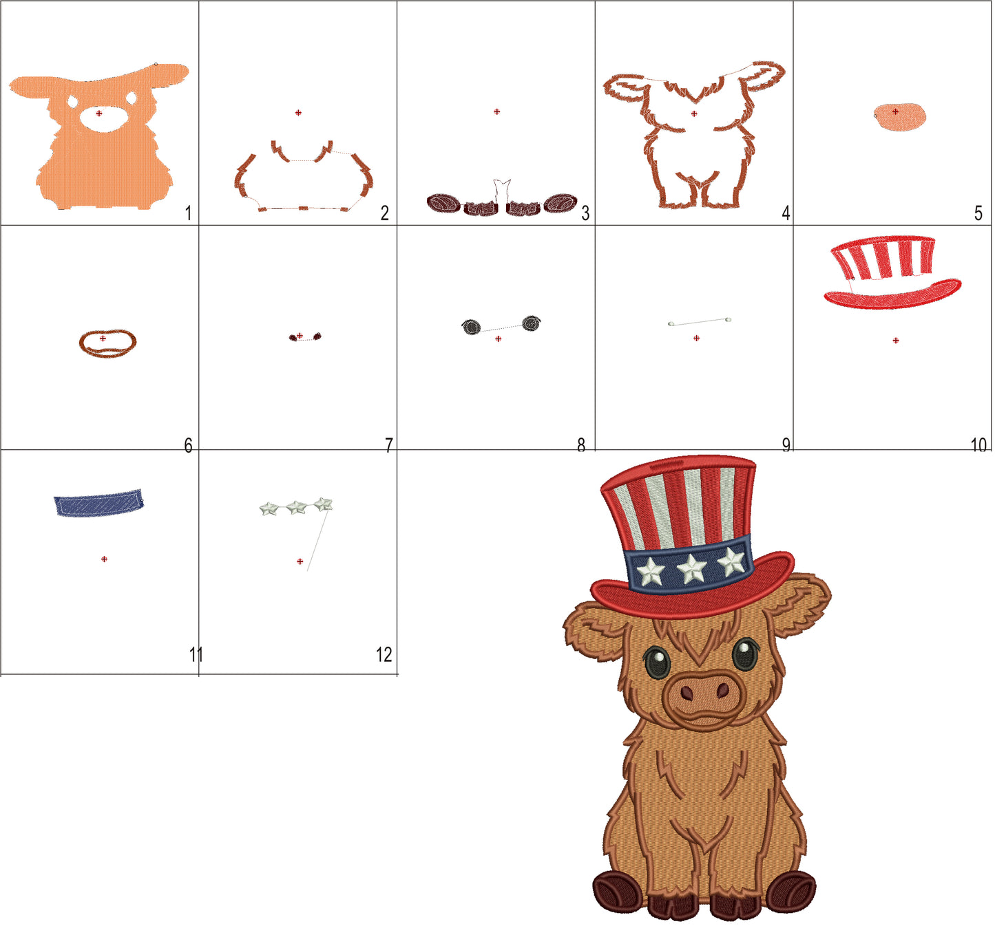 Highland Cow Wearing American Hat Patriotic 4th Of July Independence Day Filled Machine Embroidery Design Digitized Pattern