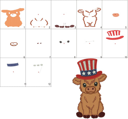 Highland Cow Wearing American Hat Patriotic 4th Of July Independence Day Filled Machine Embroidery Design Digitized Pattern