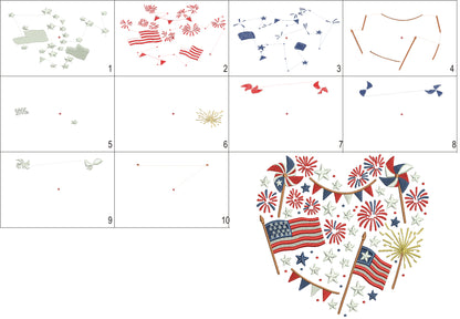 Fireworks And American Flags Patriotic 4th Of July Independence Day Filled Machine Embroidery Design Digitized Pattern