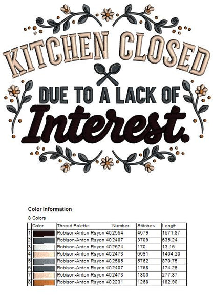🍳🚫 Kitchen Closed Due to a Lack of Interest – Funny Cooking Embroidery Design 🚫🍳