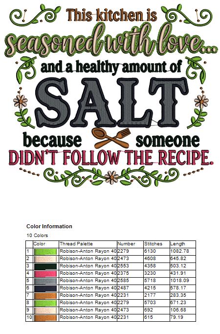 🍳❤️🧂 This Kitchen Is Seasoned with Love and a Healthy Amount of Salt Because Someone Didn’t Follow the Recipe – Funny Sarcastic Saying Filled Machine Embroidery Design