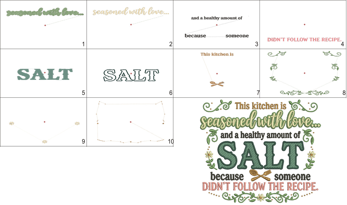 🍳❤️🧂 This Kitchen Is Seasoned with Love and a Healthy Amount of Salt Because Someone Didn’t Follow the Recipe – Funny Sarcastic Saying Filled Machine Embroidery Design