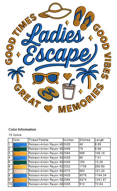 👯♀️🕶️🌴 Ladies Escape Good Times Good Vibes Great Memories Flip Flops and Sunglasses Vacation Applique Machine Embroidery Design Digitized Pattern