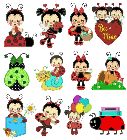 🐞 Ladybugs Machine Embroidery Designs Set – 24 Designs (12 Applique + 12 Filled)