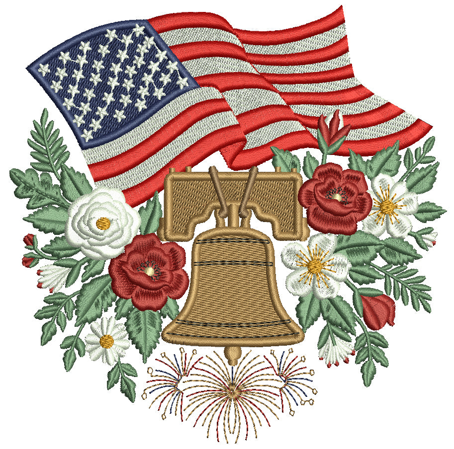 Liberty Bell with American Flag Patriotic 4th of July Independence Day Filled Machine Embroidery Design Digitized Pattern