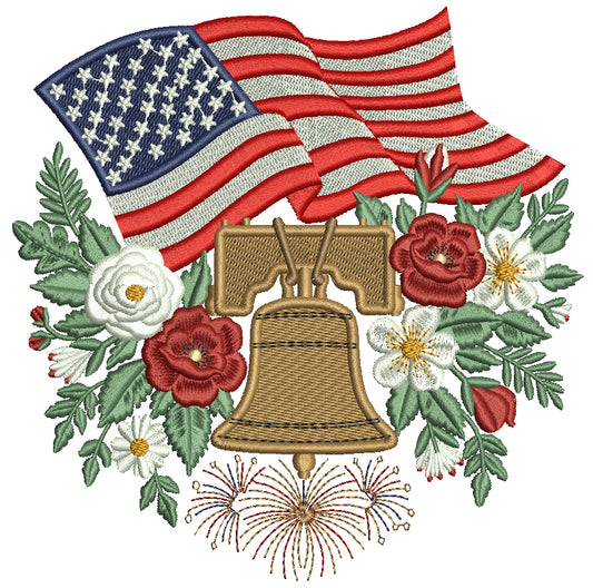 Liberty Bell with American Flag Patriotic 4th of July Independence Day Filled Machine Embroidery Design Digitized Pattern