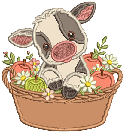 Little Baby Cow Sitting In the Basket Full of Apples Appliqué Machine Embroidery Design Digitized Pattern